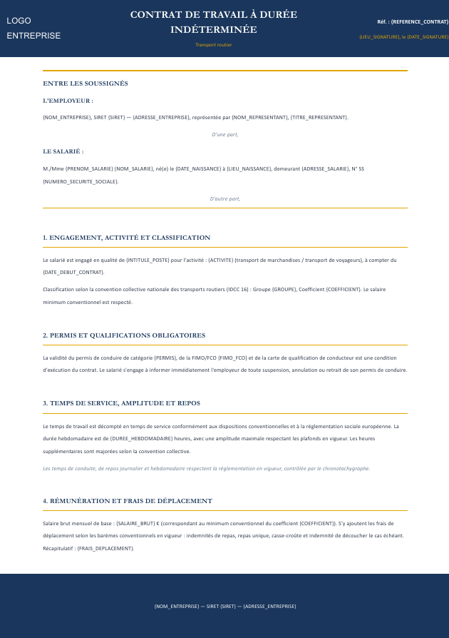 Aperçu du modèle de contrat CDI transport Charta — temps de service, permis et FIMO/FCO, frais de déplacement