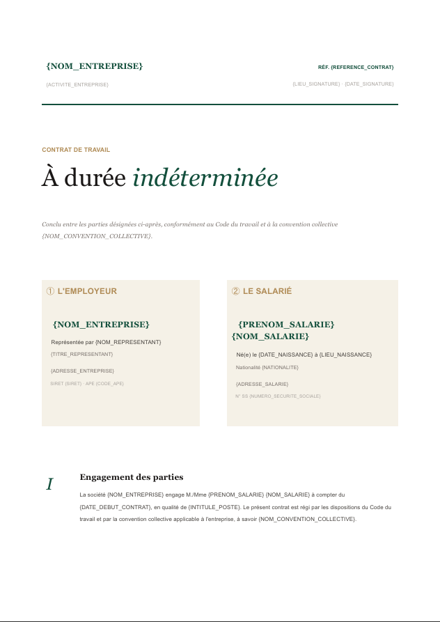 Aperçu du modèle de contrat CDI Charta — identification des parties, durée du travail, période d'essai, rémunération