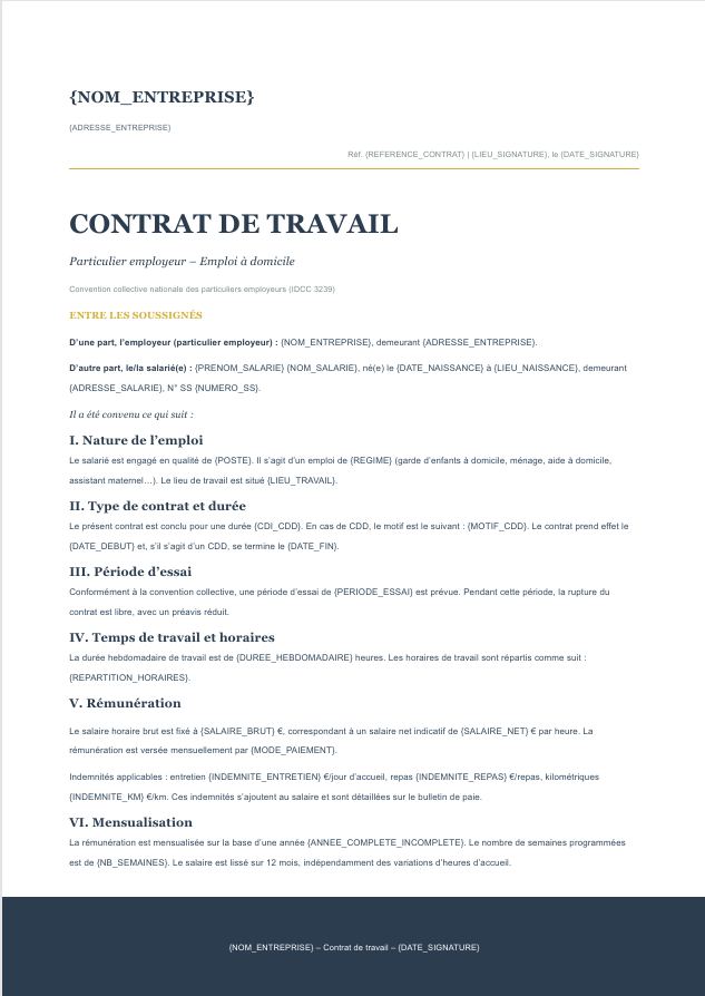Aperçu du modèle de contrat de travail particulier employeur Charta — nounou, ménage, aide à domicile, assistant maternel, convention IDCC 3239, CESU, Pajemploi, mensualisation
