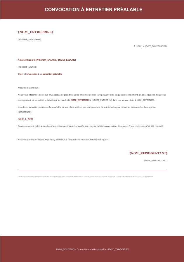 Aperçu du modèle de convocation à entretien préalable Charta — identité des parties, objet de la convocation, date, heure et lieu de l'entretien, mention du droit à l'assistance du salarié, éventuelle mise à pied conservatoire, notification par lettre recommandée