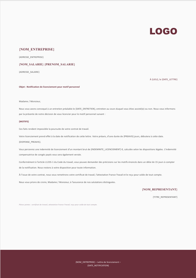 Aperçu du modèle de lettre de licenciement pour motif personnel Charta — identité des parties, rappel de l'entretien préalable, énoncé précis des motifs, date d'effet, préavis et indemnité, mention de la notification par lettre recommandée