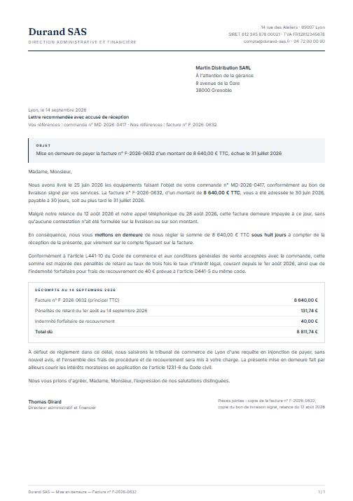 Modèle Mise en demeure facture impayée