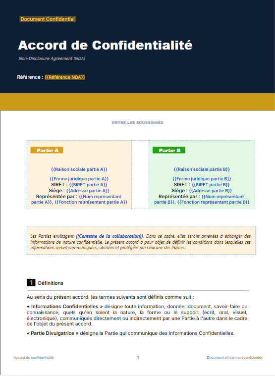 Aperçu du modèle NDA — Accord de confidentialité à personnaliser sur Charta