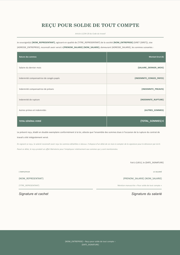 Aperçu du modèle de reçu pour solde de tout compte Charta — identité des parties, détail des sommes versées, mention du double exemplaire, date et signature du salarié