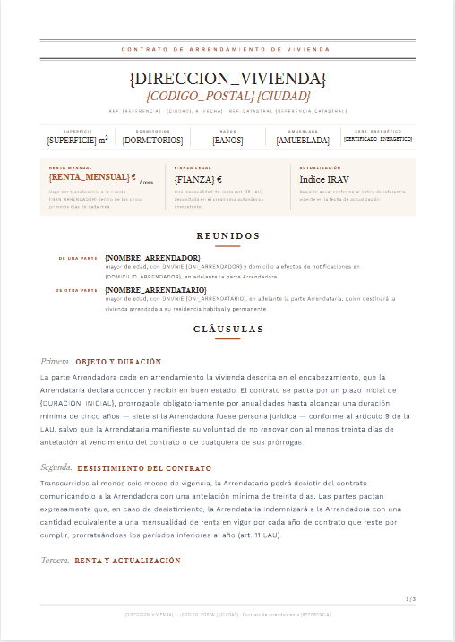 Vista previa de la plantilla de contrato de arrendamiento de Charta — dirección de la vivienda en cabecera, ficha de características, banda de renta, fianza y actualización