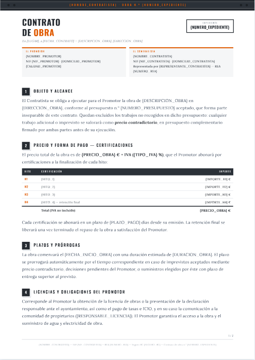 Vista previa de la plantilla de contrato de obra de Charta — encabezado con expediente, promotor y contratista, cláusulas numeradas y tabla de certificaciones por hitos