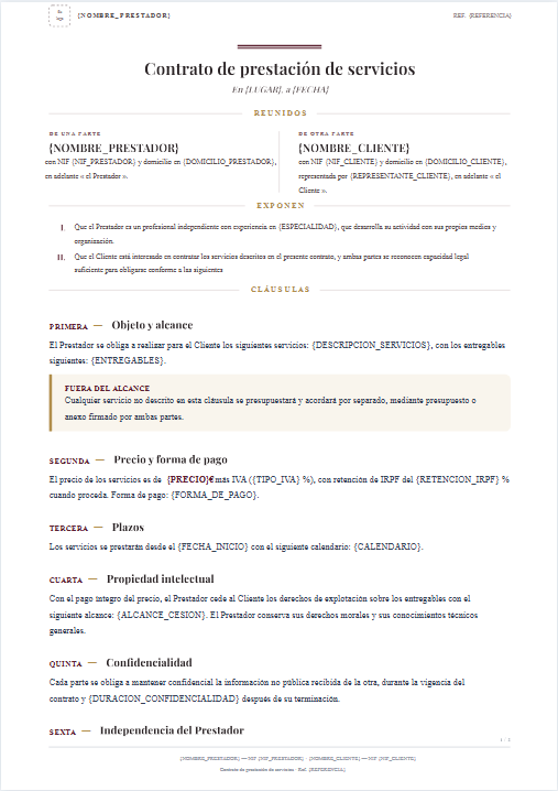 Vista previa de la plantilla de contrato de prestación de servicios de Charta — partes, objeto, precio, cláusulas y firmas