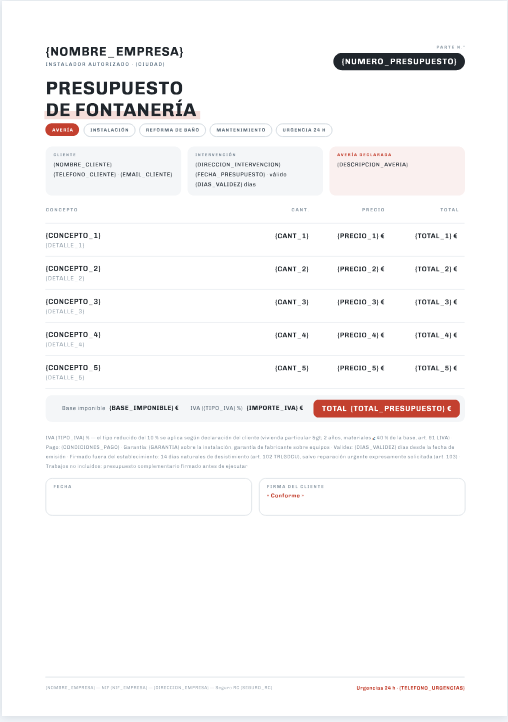 Vista previa de la plantilla de presupuesto de fontanería de Charta — parte de trabajo con tipo de intervención, avería declarada, partidas y aceptación Conforme